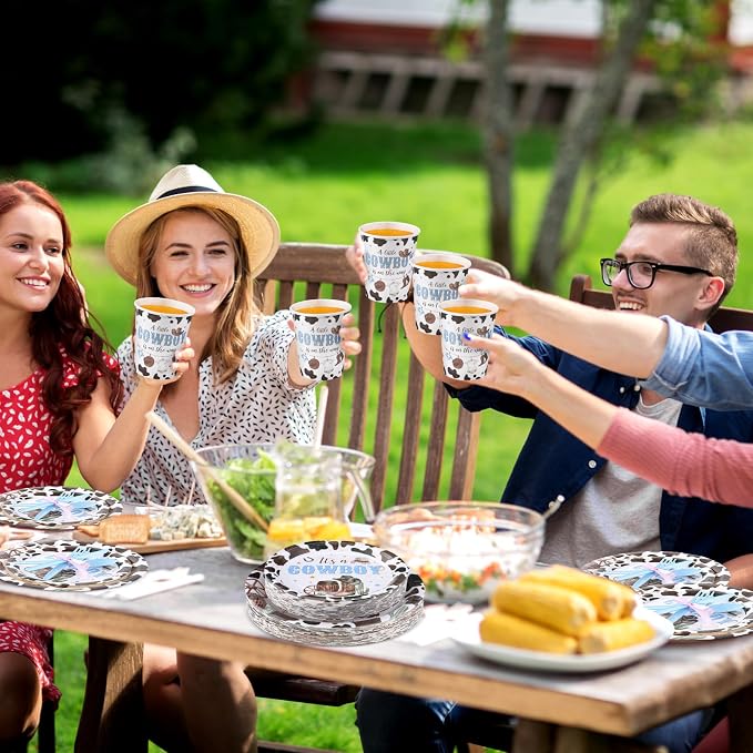 Ziliny 350 Pcs Western Cowboy Baby Shower Party Supplies a Cowboy Is on the Way Baby Shower Paper Plates Napkins Cups Disposable Western Party Tableware Plastic Cutlery Serves 50 Guest
