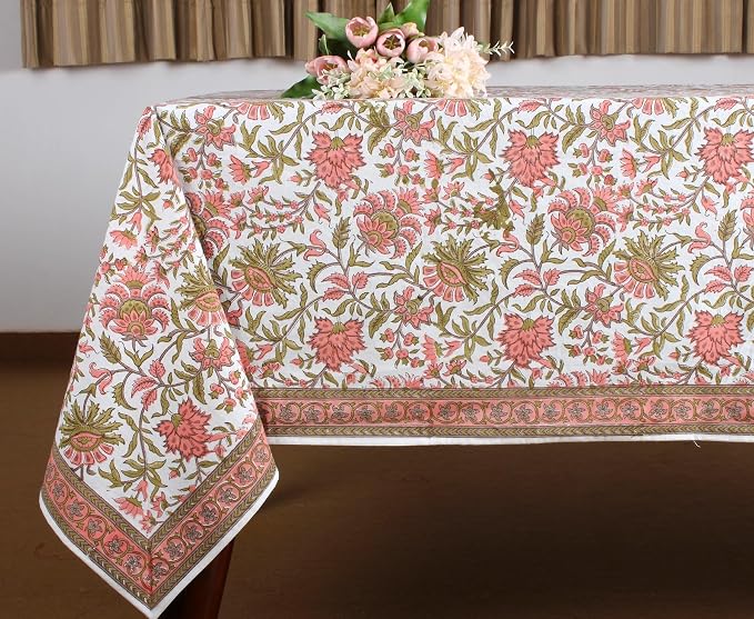 Ridhi New York Pink and Olive Green Hand Block Print Cotton Rectangle Tablecloth 120" x 80" inches Reusable Table Cover Decorative Everyday Use for Dining Room, Farmhouse, Gift Spring, Mother's Day