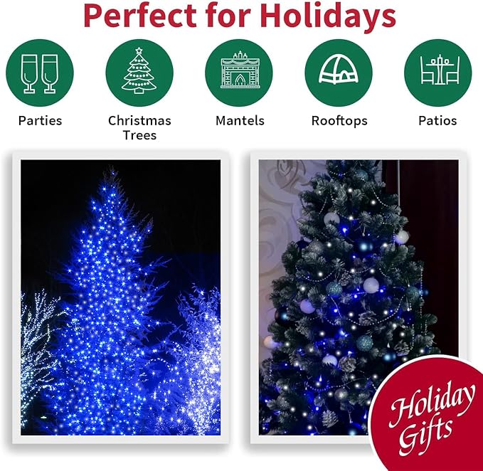33FT 100 LED Blue White String Lights, 16 Modes Plug In Mini Fairy Lights, Waterproof Outdoor Christmas Lights for Hanukkah, July 4th Patriotic Decor, Xmas Tree Garland Bedroom Ocean Party Decoration