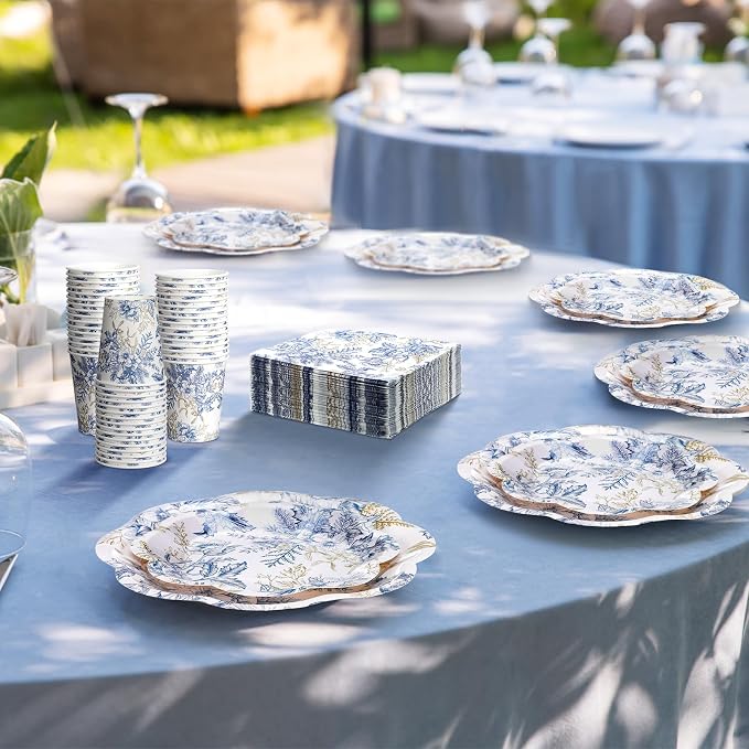 Newtay 250 Pcs Blue Floral Disposable Plates and Napkins Blue Gold Disposable Tableware Set for 50 Guests Paper Plates Napkins Cups for Wedding Bridal Shower Supplies