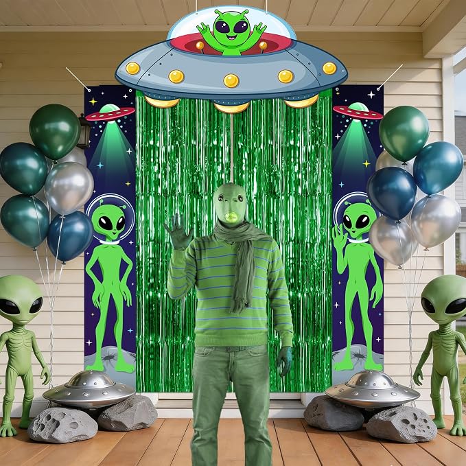 Avezano Alien Party Decorations Set Alien Birthday Party Supplies | 5Pcs, UFO Backdrop Porch Sign Banner Green Foil Fringe Curtains for Boys Men, Photo Booth Props