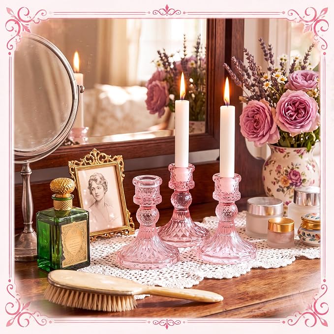 Sieral 24 Pcs Pink Taper Candle Holders 4'' Tall Candlestick Glass Holders Bulk Crystal Decorative Stand Wedding Stick Holder for Anniversary Party Dining Table Festival Decor