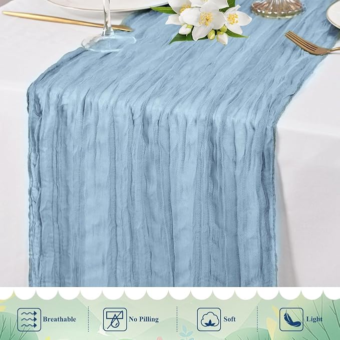 24 Pack Dusty Blue Cheesecloth Table Runner 17"x108" Boho Gauze Fabric Table Runner Vintage Rustic Sheer Runners for Wedding Party Bridal Baby Shower Table Decorations