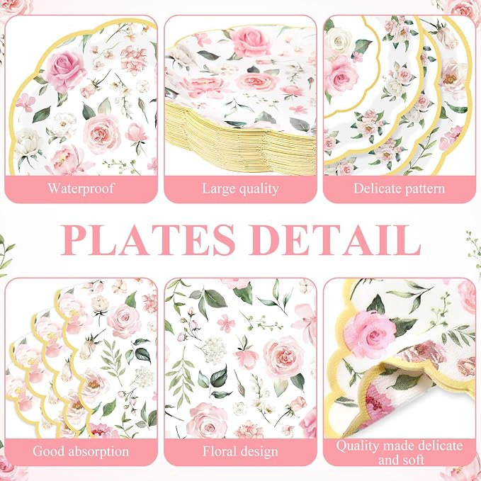 Funnymoom 250 Pcs Floral Party Decorations Flower Paper Plates Napkins and Cups Pink and Gold Floral Disposable Tableware Set for Bridal Shower Baby Shower Wedding Spring Tea Party Supplies, Serves 50