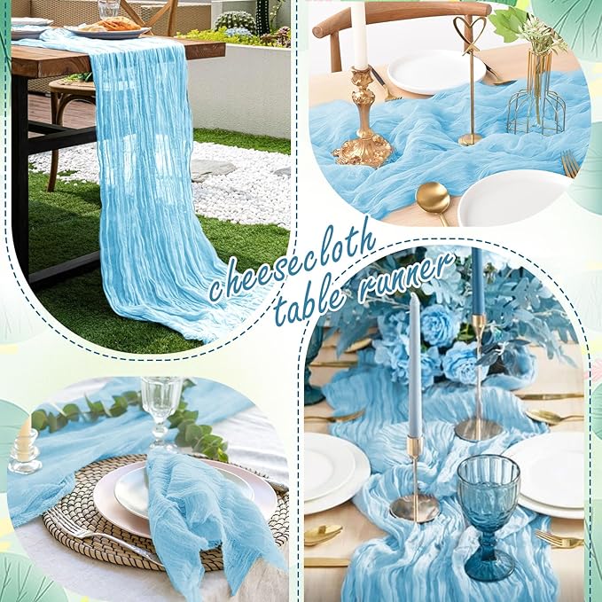 20 Pack Light Blue Cheesecloth Table Runner 10FT Long Boho Gauze Fabric Table Runner Vintage Rustic Sheer Runners for Wedding Party Bridal Baby Shower Table Decorations
