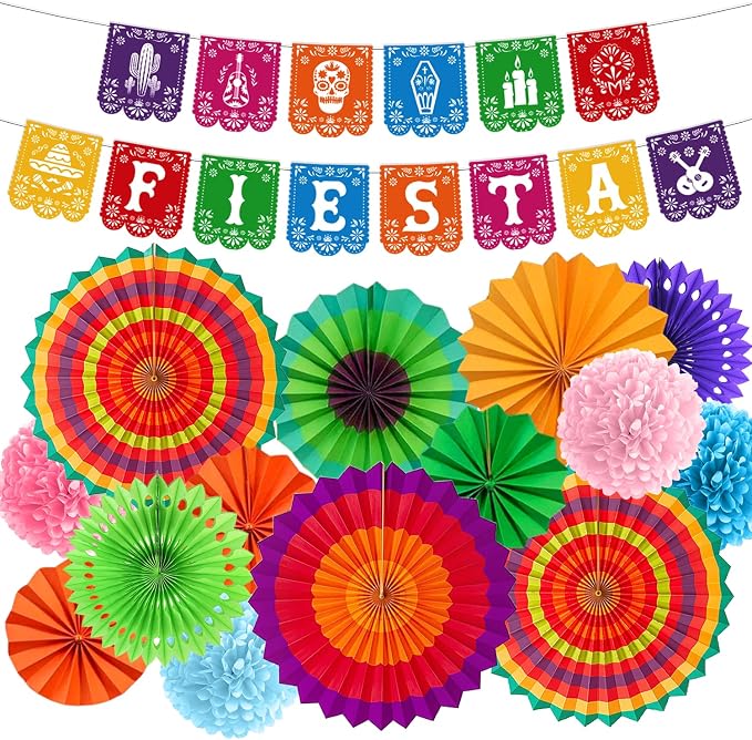 Rakuto Cinco De Mayo Party Decorations, 16PCS Mexican Taco Theme Banners with Paper Fans Birthday Decorations, Fiesta Paper Pom Poms Decor Supplies