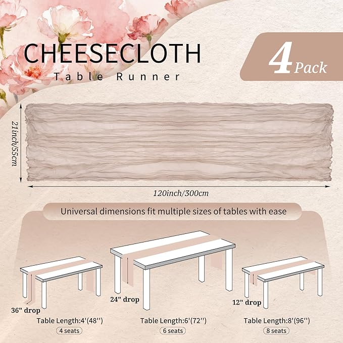 4 Pack Cheesecloth Table Runner 10FT Rosy Brown Table Runner Boho Gauze Cheese Cloth Table Runners Long Rustic Sheer Table Decorations for Wedding Party Baby Bridal Shower Birthday Holiday Home