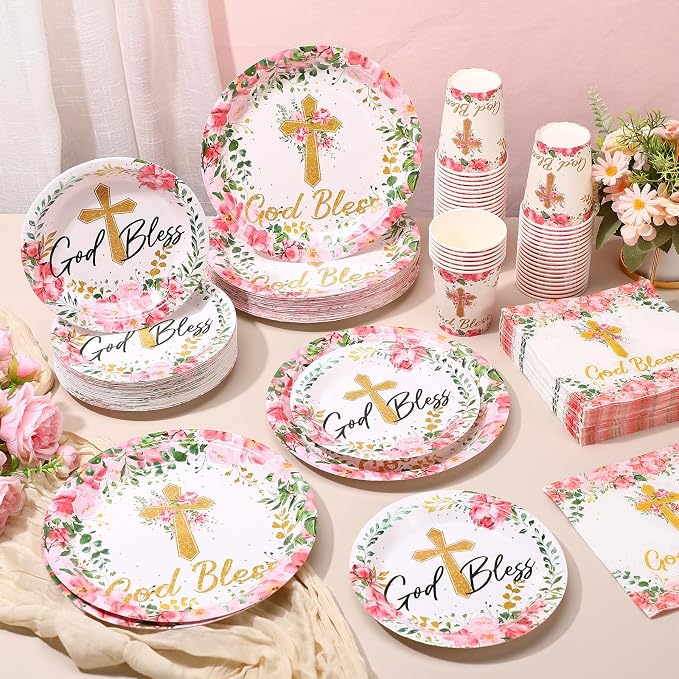 Pickmesh 250 Pcs Pink Baptism Cross Disposable Tableware Set Confirmation Baptism Disposable Paper Plates Napkins Cups for First Holy Communion Christening Baby Shower Girl Religious Supplies Serve 50