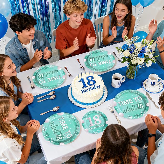 96Pcs Teal and Silver 18th Birthday Party Supplies, Serves 24 | Teal Plates and Napkins Tableware Sets Eighteen Party Decorations for Teens Boys and Girls 18 Years Old Birthday Supplies