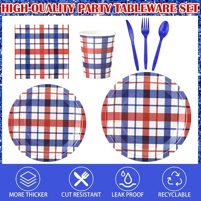 Shellwei 350 Pcs 50 Guests 4th of July Patriotic Tableware Set Red White Blue Buffalo Plaid Disposable Paper Plates, Napkins, Cups & Plastic Utensils for Independence Memorial Day Party Decorations