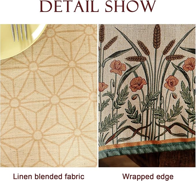 patdrea Vintage French Linen Tablecloth,Rectangular,87"x55"-Cudillero | Elegant Floral Table Cloth for Rectangle Table,Natural Beige Block Print,for Dining Room Tea Party Thanksgiving