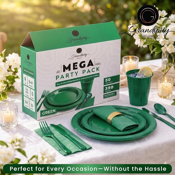 Grandipity 350 Piece Green Disposable Dinnerware Set, Includes 50 of Each: 9" Dinner Plates, 7" Dessert Plates, 12oz Cups, Paper Napkins, Forks, Knives & Spoons