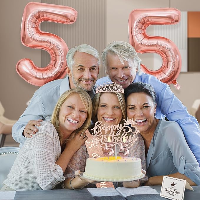 55 Birthday Decorations for Women, Including 55th Birthday Sash and Tiara, Cake Topper and Candles, Number Balloons, 55 Year Old Gifts for Women