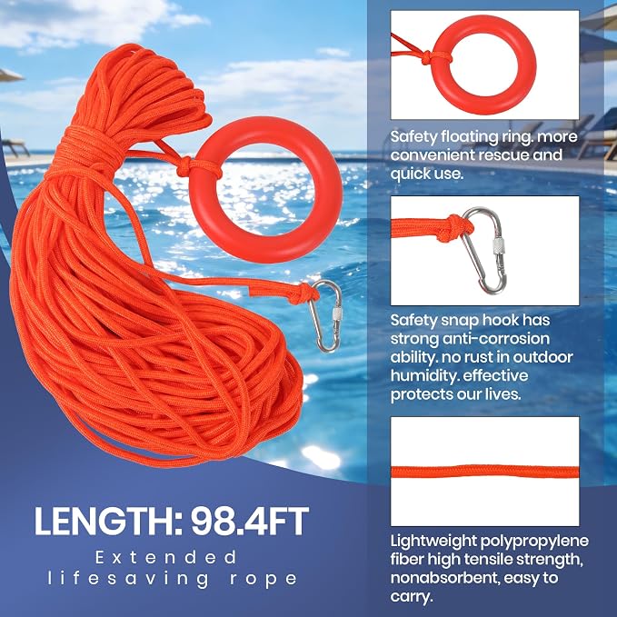 Calvana 20" Foam Life Preserver Ring with 98.4ft Floating Lifesaving Rope, Throwable Flotation Device, Pool Safety Float, for Buoy and Swimming Decoration, Boat Safety Equipment