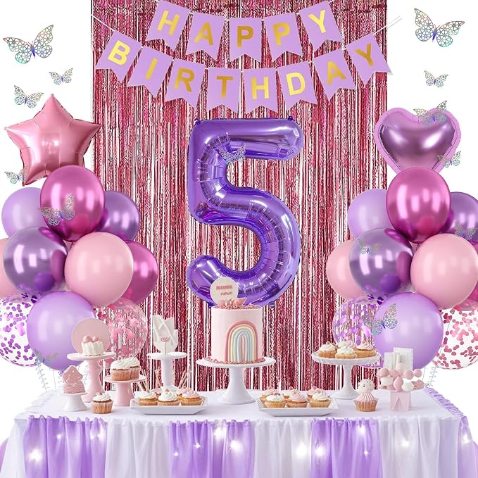 Pink Purple 5th Birthday Party Decorations for Girls Number 5 Balloon Happy Birthday Banner Butterfly Stickers Fringe Curtain Paper Pom Poms Metallic Hot Pink Star Foil Balloons 5 Year Old Princess