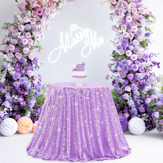 B-COOL Round Sequin Tablecloth Party Decor: 120 Inch Table Cloth Lavender Glitter Fabric Overlay for Indoor Outdoor Dining Parties Home