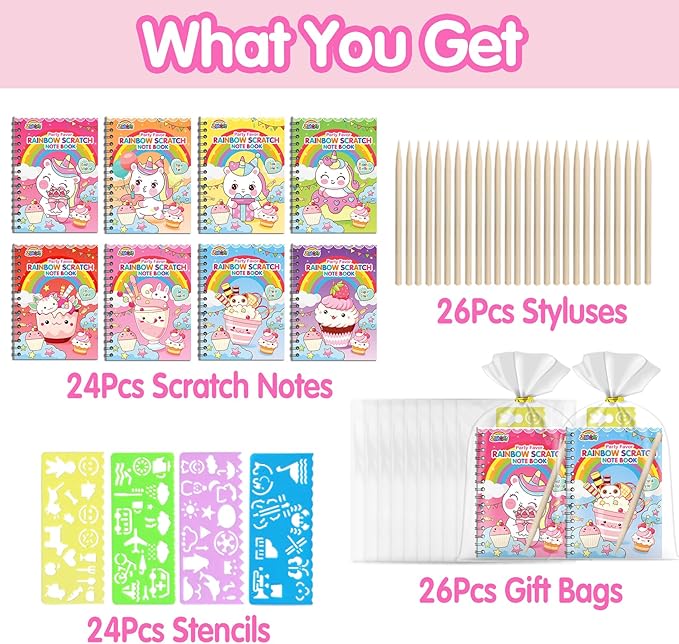 ZMLM Easter Basket Stuffers: 24 Pack Birthday Party Favors for Kids 4-8, Rainbow Scratch Art Notebook Paper, Goodie Bags Stuffers for Kids, Bulk Classroom Gifts Student Prizes Teacher Kindergarten