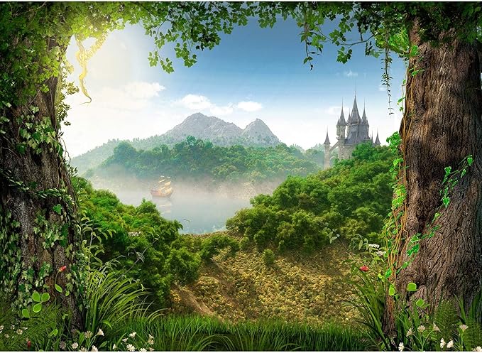 Fairy Tale Woodland Backdrop Castle Sailing Ship Enchanting Tale Photography Background Blue Sky Mystical Fantasy Forest Landscape Backdrops Portrait Booth Video Shoot Studio Props Vinyl 9x6ft