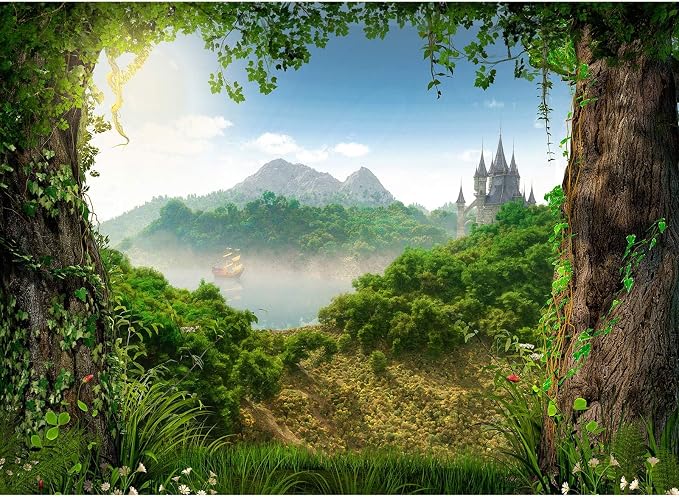 Fairy Tale Woodland Backdrop Castle Sailing Ship Enchanting Tale Photography Background Blue Sky Mystical Fantasy Forest Landscape Backdrops Portrait Booth Video Shoot Studio Props Vinyl 10x8ft