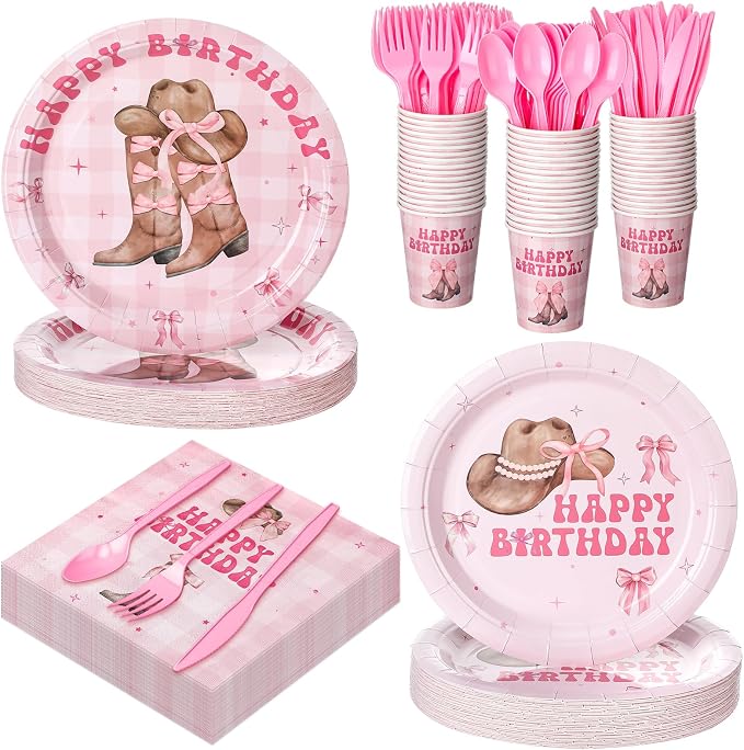 Yungyan 252 Pcs Pink Bow Cowgirl Birthday Party Tableware Set Included Plates Napkins Cups Forks Knives Cutlery for Party Decorations Supplies 36 Guests