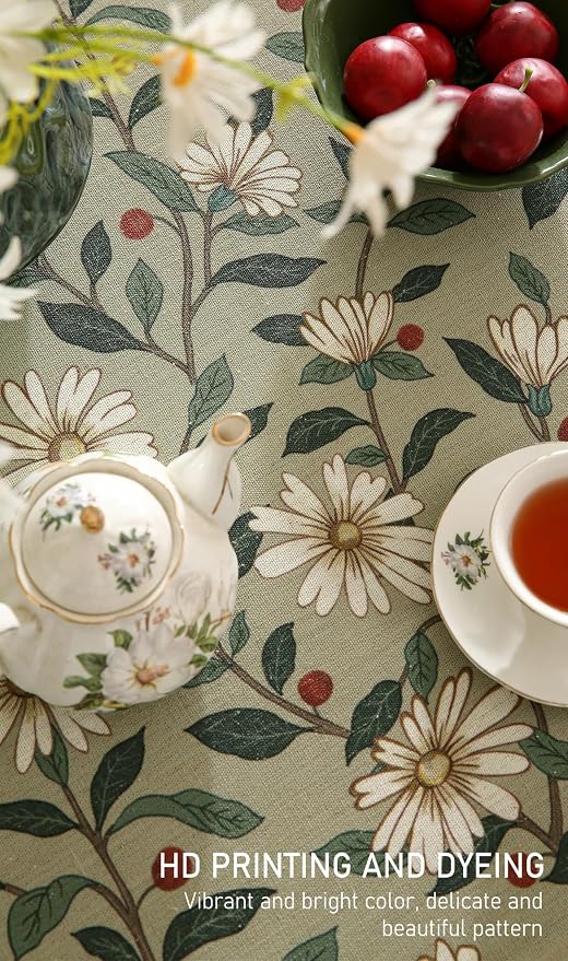 ISAENNE Designer Vintage Linen Green Round Tablecloth,Diameter 55"-Brune | French Elegant Beautiful Table Cloth,Floral Pattern,Heavyweight,Decoration,Dining Room,Tea Party,Kitchen,Thanksgiving