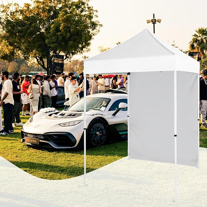 5x5 Pop Up Canopy Tent with One Sidewall, Instant Portable Beach Canopy, Outdoor Tent with Carry Bag for Camping, Sports, Tailgating, Events, White