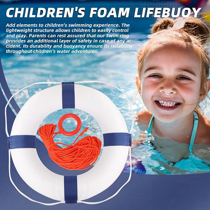 Calvana 20" Foam Life Preserver Ring with 98.4ft Floating Lifesaving Rope, Throwable Flotation Device, Pool Safety Float, for Buoy and Swimming Decoration, Boat Safety Equipment