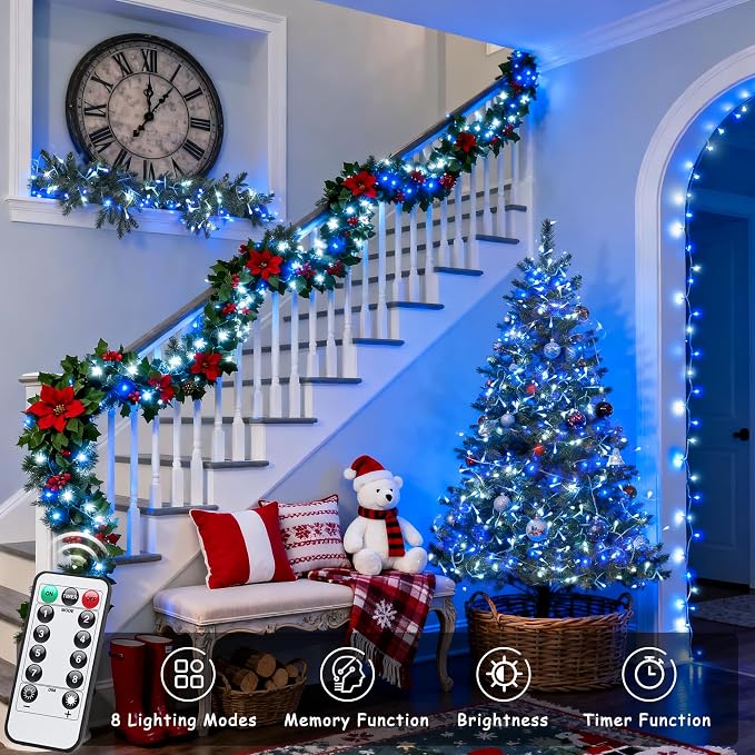 JMEXSUSS 2 Pack Blue and White Battery String Lights, Each 33ft 100 LED Battery Powered Christmas Lights with Remote for Outside Party Birthday