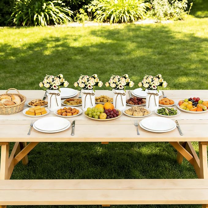 4 Sets Farmhouse Wedding Flower Centerpiece for Tables Decorations, Rustic Artificial Roses Bouquet with Metal Galvanized Vase Pot for Party Bridal Shower Event (White Vase & Champagne Roses)
