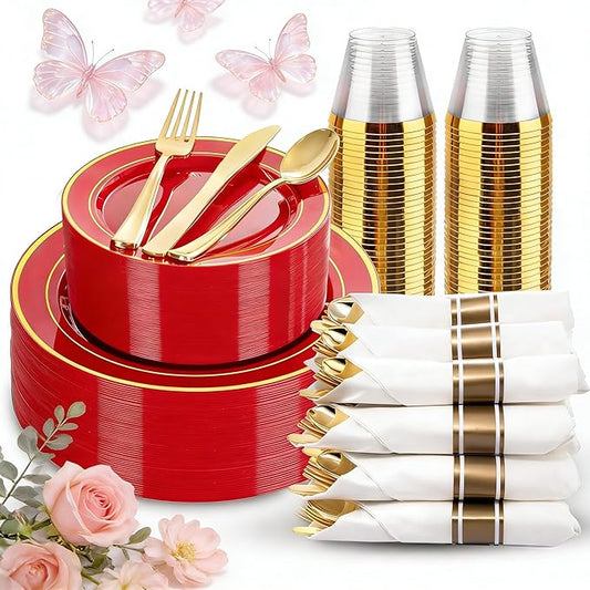 WDF Partyware 175 Pieces Red Plastic Plates with Gold Rim Include Dinner Plate 10" Dessert Plate 7" gold Cups 9 OZ, Pre Rolled Napkins 25 of each type for Wedding/Spring/Birthday/Mother's Day