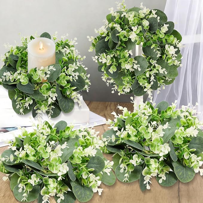 8PCS Artificial Eucalyptus Leaves Small Wreaths Green Candle Rings, Wreaths Spring Summer Greenery Garland Pillar Candle Holder for Home Wedding Party Table Centerpiece Decoration