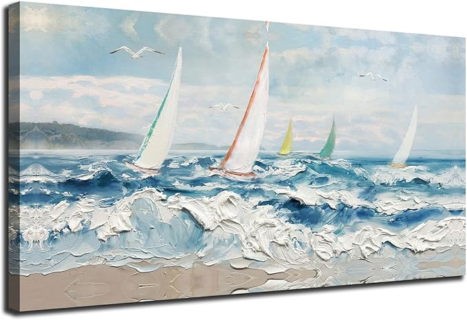 Enartly Wave 3D Textured Ocean Wall Art for Living Room Blue Seascape Sailboat Canvas Coastal Painting Artwork for Bedroom Bathroom Home Office Wall Decor, Large 48"x24"