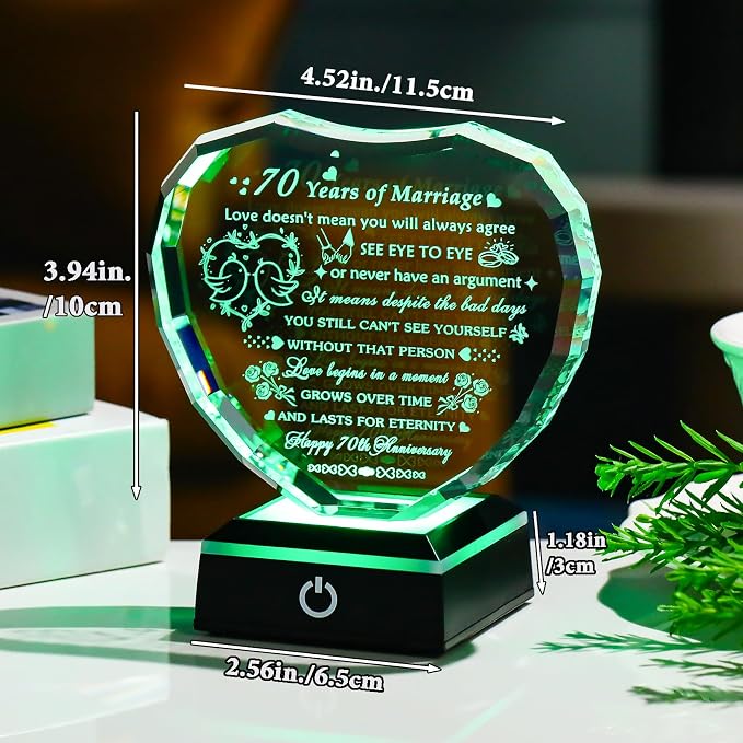 Arikyrist 70th Wedding Anniversary Crystal Heart Gifts for Couple, Laser Engraved 70 Year Anniversary Crystal Gifts for Wife Husband Parents, Romantic 70 Years of Marriage Gift for Him Her Friends