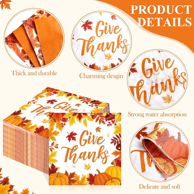 Funnymoom 200 Pcs Fall Thanksgiving Tableware Give Thanks Hello Fall Pumpkins Disposable Paper Dinner Dessert Plates Maple Leaves Napkins for Autumn Harvest Decor Birthday Holiday Party 50 Guests