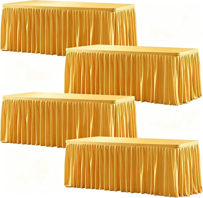 Wish Care 4 Pack Gold Rectangle Table Clothes for 8 Foot Tables, Polyester Fitted Tablecloths 8ft Stretch Table Cover for Wedding, Birthday, Parties, Trade Show, Craft Show