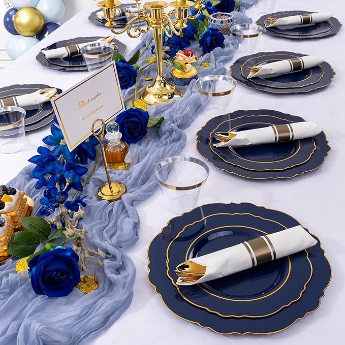 Liacere 350PCS Navy Blue Plastic Plates-Disposable Blue Gold Plates 50guest Plastic Dinnerware include 100Plates,50Pack Pre Rolled Napkins with Silverware 50Cups for Graduation & Memorial Day