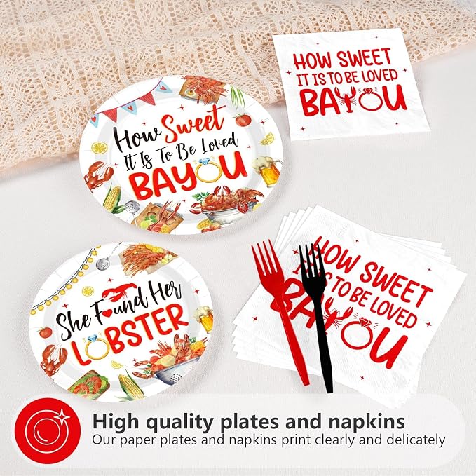 96 Pcs How Sweet It is to be Loved Bayou Party Decoration Louisiana Cajun Themed Plates and Napkins Crawfish Bridal Shower Tableware Set for Bachelorette Wedding Party Supplies, Serves 24