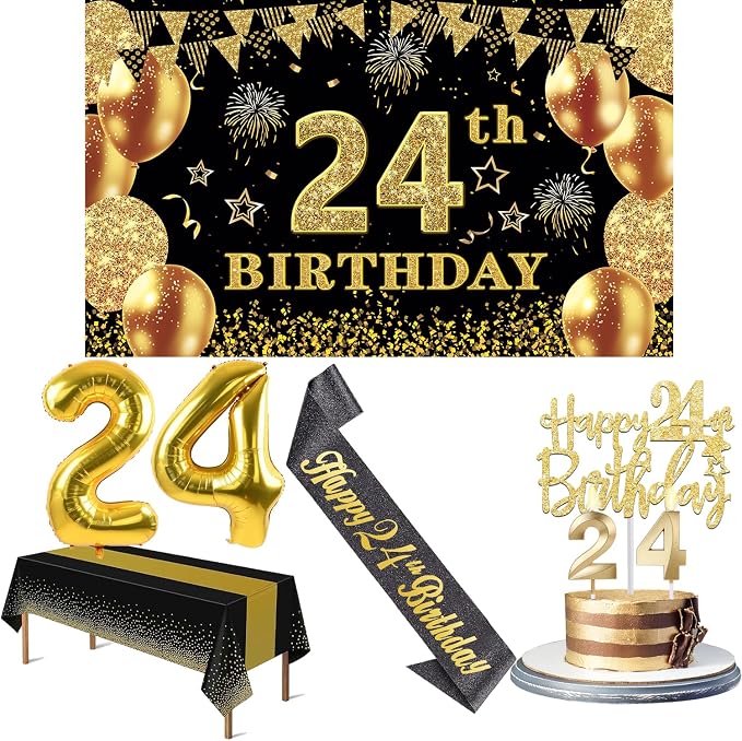 24th Birthday Decorations Men Women with 24th Birthday Banner, Black and Gold Table Cloth, Number Balloons, Large Sash, Cake Topper and Candles