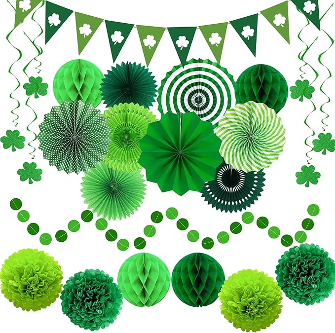 24 Pcs Green Birthday Decorations Set - Hanging Paper Fans Pom Poms Honeycomb Balls Lucky Clover Banner, Party Supplies for Jungle Safari Woodland Baby Shower Spring Events