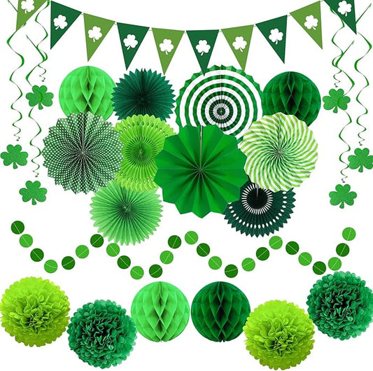 24 Pcs Green Birthday Decorations Set - Hanging Paper Fans Pom Poms Honeycomb Balls Lucky Clover Banner, Party Supplies for Jungle Safari Woodland Baby Shower Spring Events