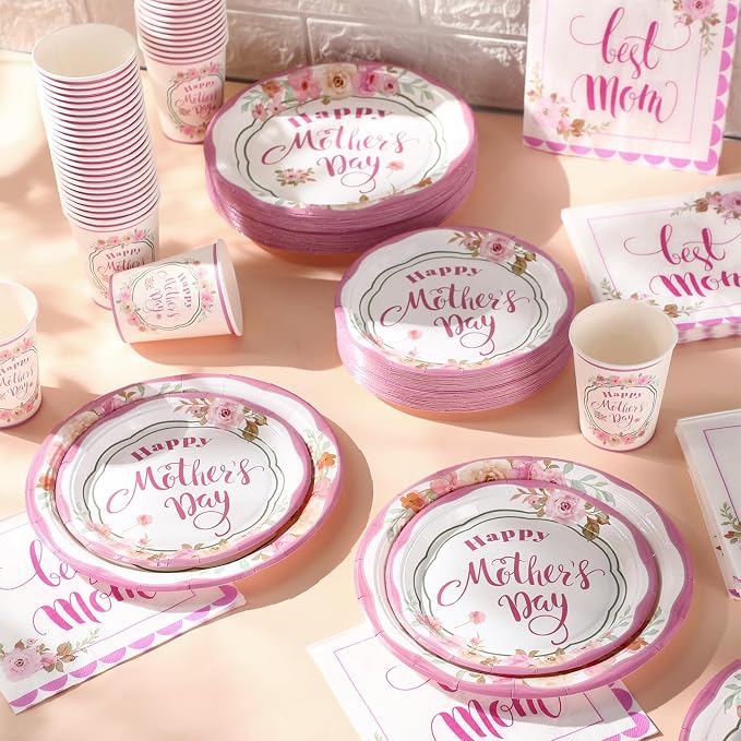 Jenaai 200 Pcs Mother's Day Tableware Set Serve for 50 Guests 9" Dinner Plates 7" Dessert Plates Paper Cups and Napkins Set for Happy Mother's Day Gifts Dinnerware Tableware Disposable Party Supplies
