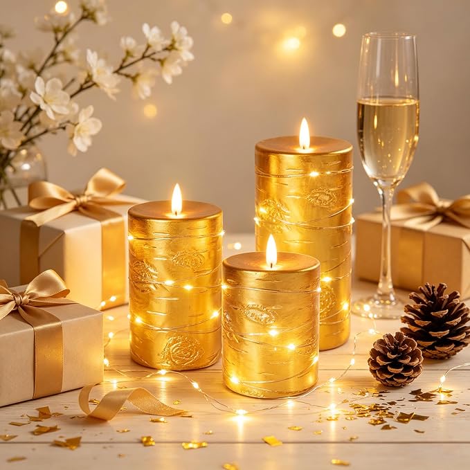 Da by 3 Pack Gold Wax Flameless Taper Candles, Realistic Flickering LED Candles with Surrounding Fairy String Lights, Soft Warm Light Battery Candles with Remote for Indoor Outdoor Decor