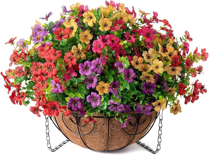 HyeFlora 2 Set Artificial Outdoor Flowers Hanging Basket, Faux Hanging Plants for Outside Spring Decoration, Fake Silk UV Resistant Look Real Daisy for Porch Patio Home Decor