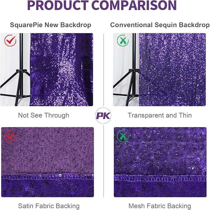 SquarePie 6x8ft Purple Sequin Backdrop for Photography, Satin-Backed Real Sequin Curtain, Enhanced Coverage Shimmering Background with 4" Rod Pocket for Wedding, Birthday, Party Decor, 1 Panel