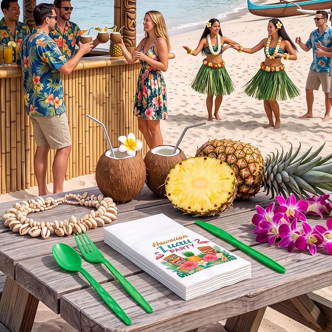 LemonRoad 50 Sets Hawaiian Luau Party Plastic Silverware Serves 50 Green Disposable Prefolded Summer Cutlery Includes Forks Knives Spoons Paper Napkin Luau Party Tableware for Tropical Beach Birthday