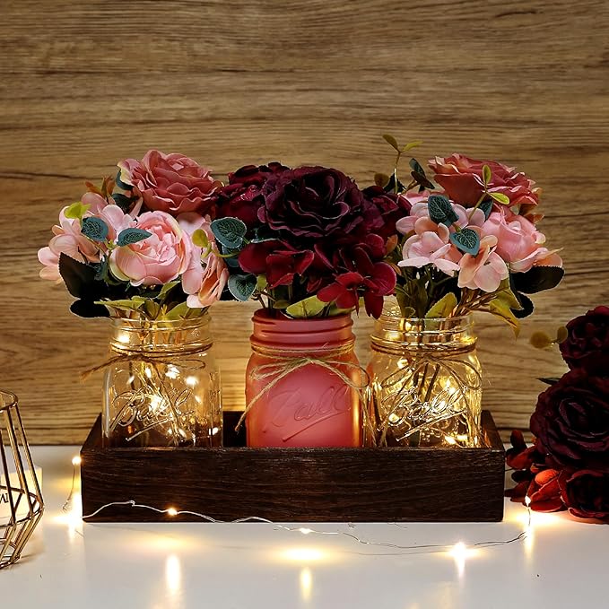 Mason Jar Centerpiece for Table Kitchen Dining Room Decor with Light | 3 Piece Farmhouse Coffee Table Decor with Fake Flowers Wood Tray for Living Dining Room Bathroom Wedding Outdoor Decoration