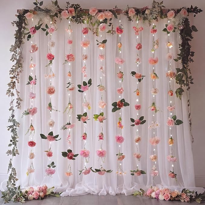 Suncalla 6 Pack 35.4ft Fake Flower Garland Backdrop with LED Lights Hanging Wildflower Floral Vine Decorations for Wedding Bridal Shower Birthday Baby Shower Party Backdrop(Bright,Pink)