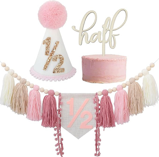 1/2 Birthday Decorations Half Way to One Baby Girl Decorations Half Birthday Hat Decorations cake Topper 6 Month Pastel Chair Banner Happy Half Year Party Photoshoot Props