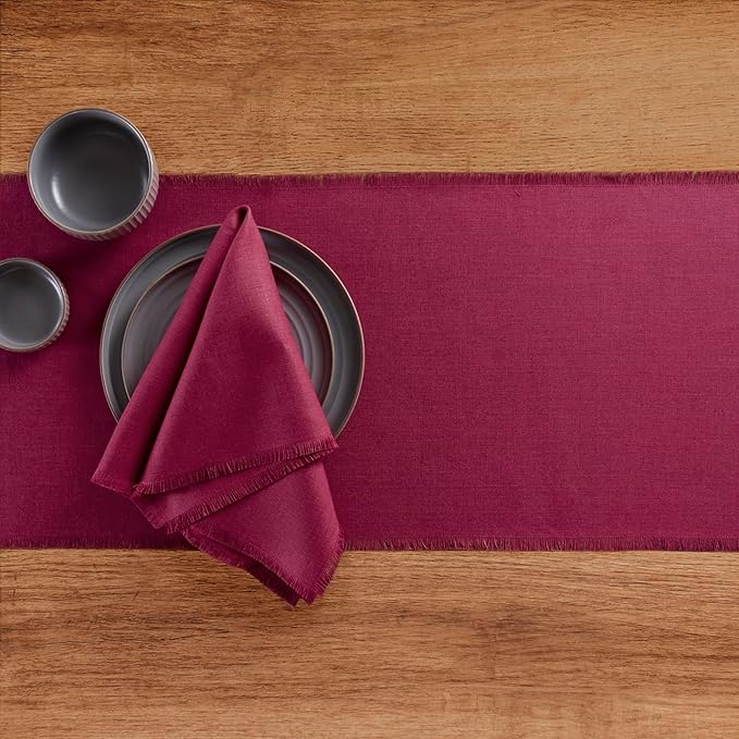 Solino Home Linen Beet Table Runner 72 Inches Long - Fringe, 100% Pure Linen Dining Table Runner 14 x 72 Inch for Mothers Day