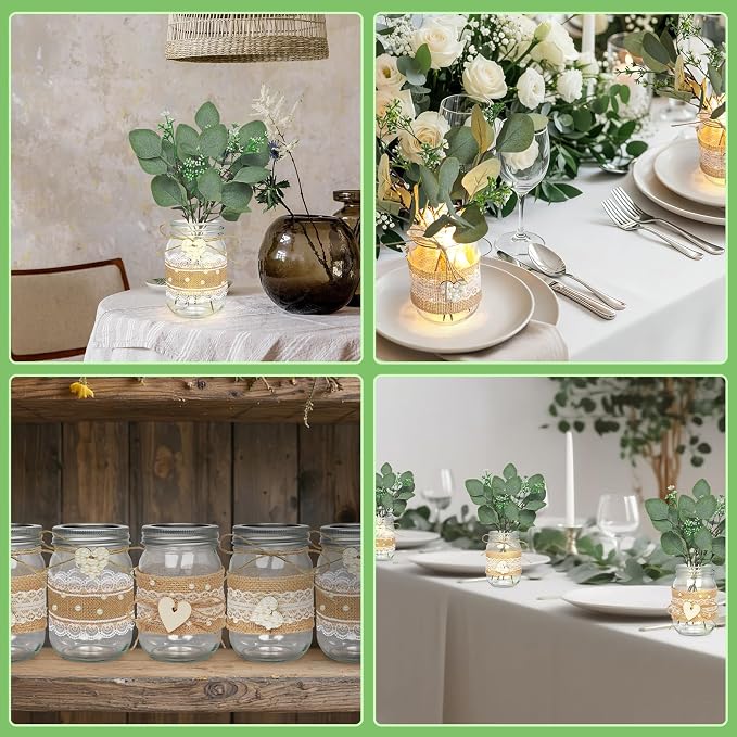 Cinrobiye 6 Sets Mason Jar Centerpieces with Eucalyptus & Lace Sleeve – Rustic Wedding Table Decor, Flower Centerpieces for Tables, Bridal Shower, Baby Shower, Engagement Party Decorations